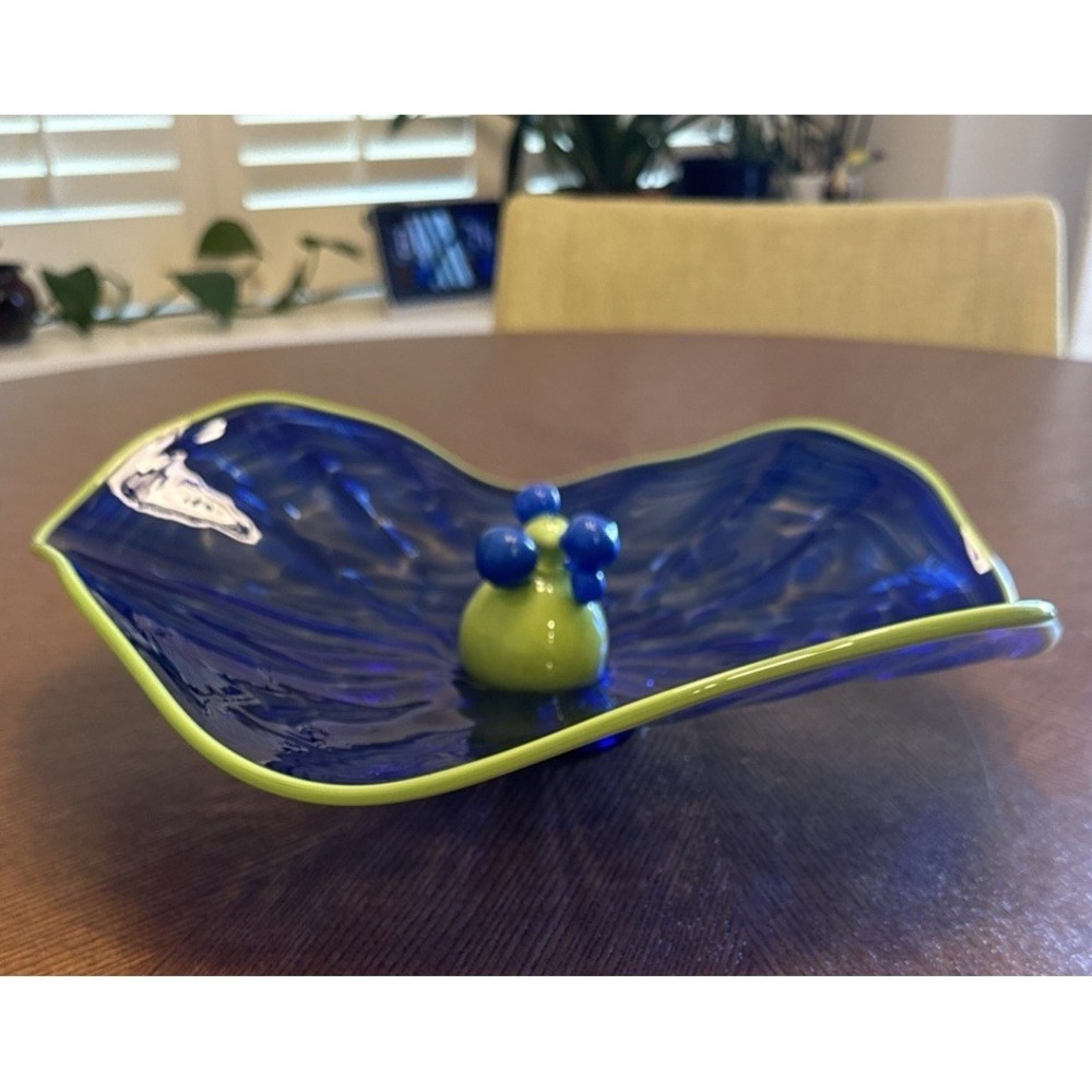 Hand Blown Art Glass Bowl Blue w Green Rim Prunt Center 12" Modern - Picture 7 of 10